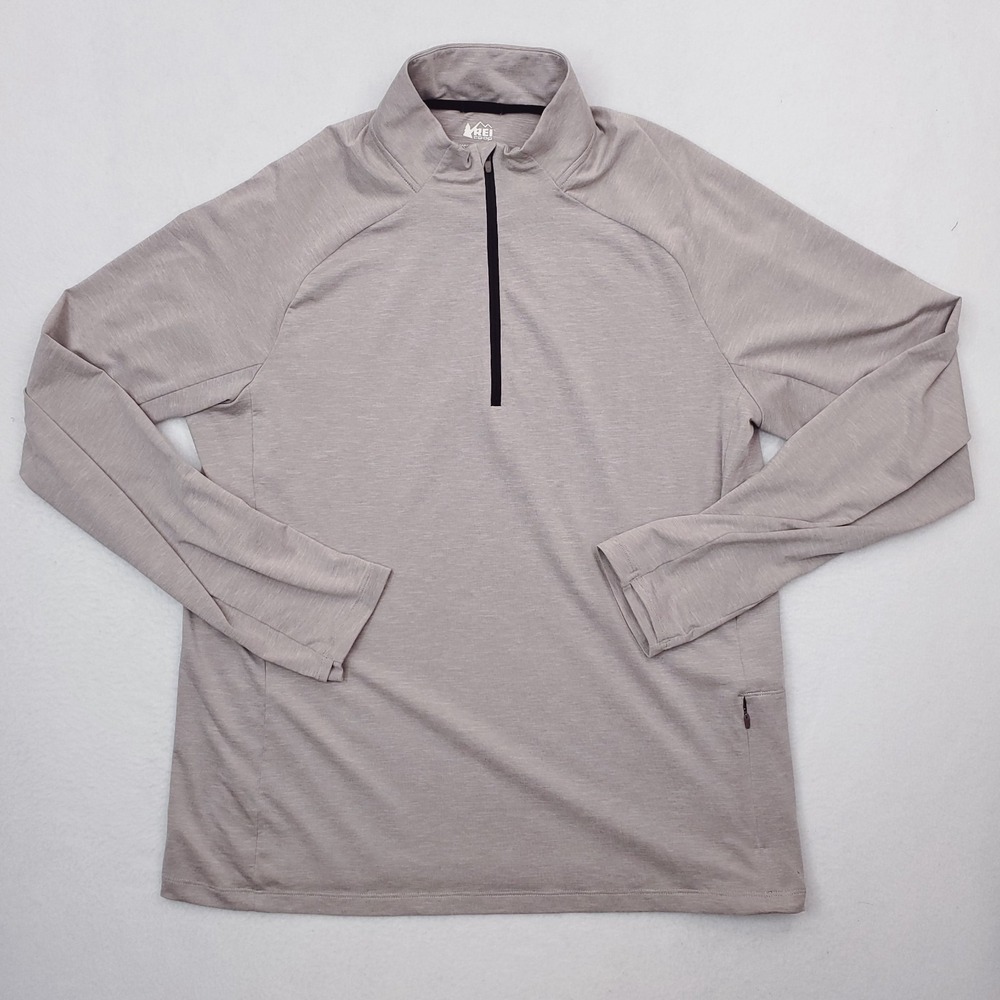 REI Co-Op Quarter Zip Pullover Mens Large Beige Thumbhole Sleeves Hiking Outdoor